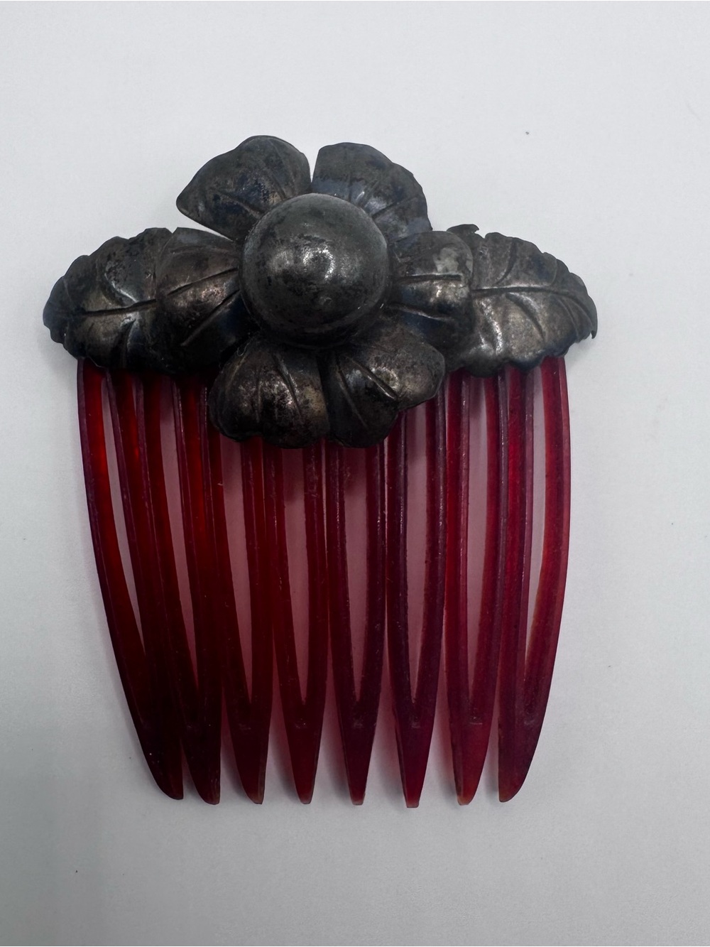 Set Of 2 Art Nouveau Era Hair Combs Celluloid Teeth Metal Floral Tops - Picture 3 of 9